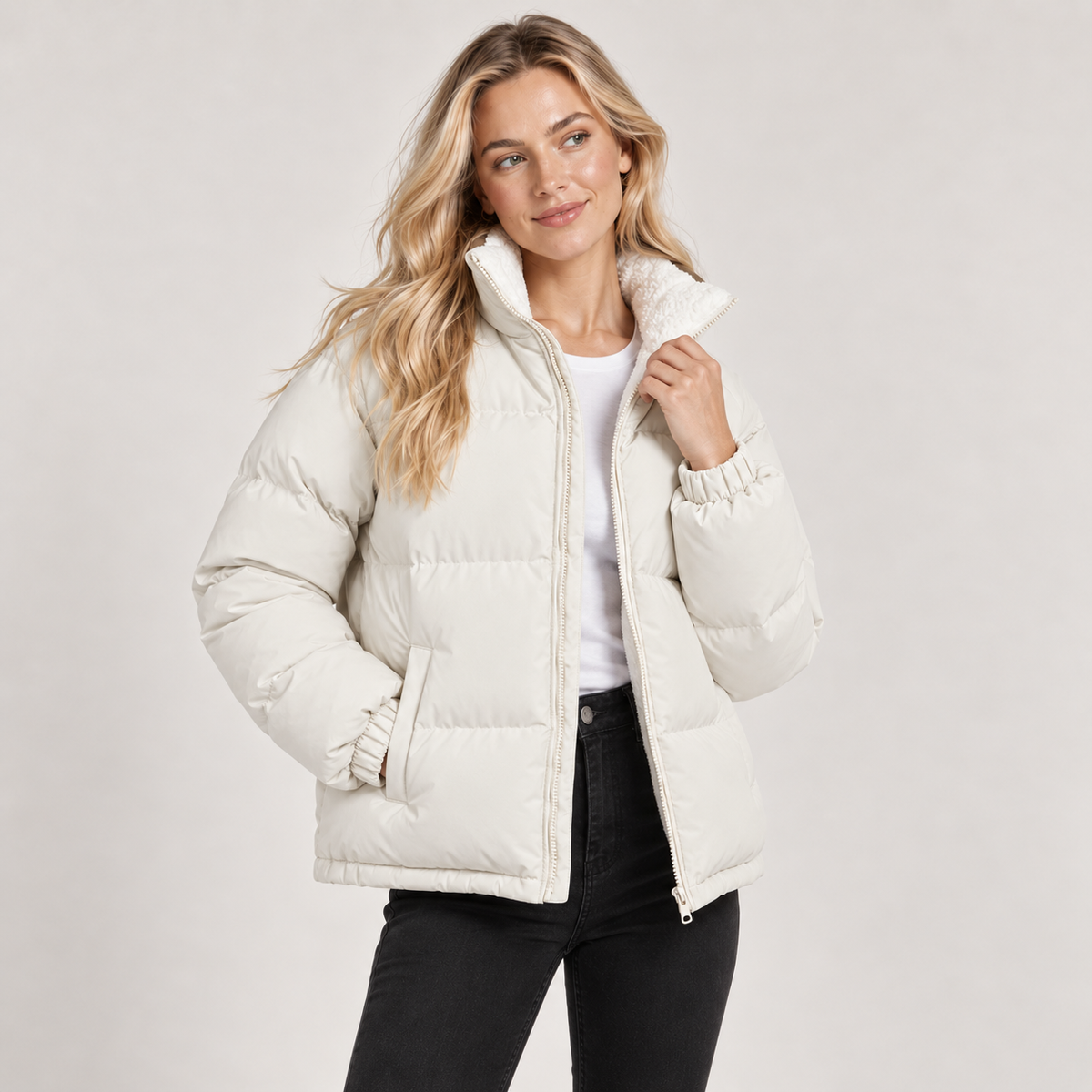 Puffer Jacket Women Quilted Fleece Lined High Neck with Zip Front 5