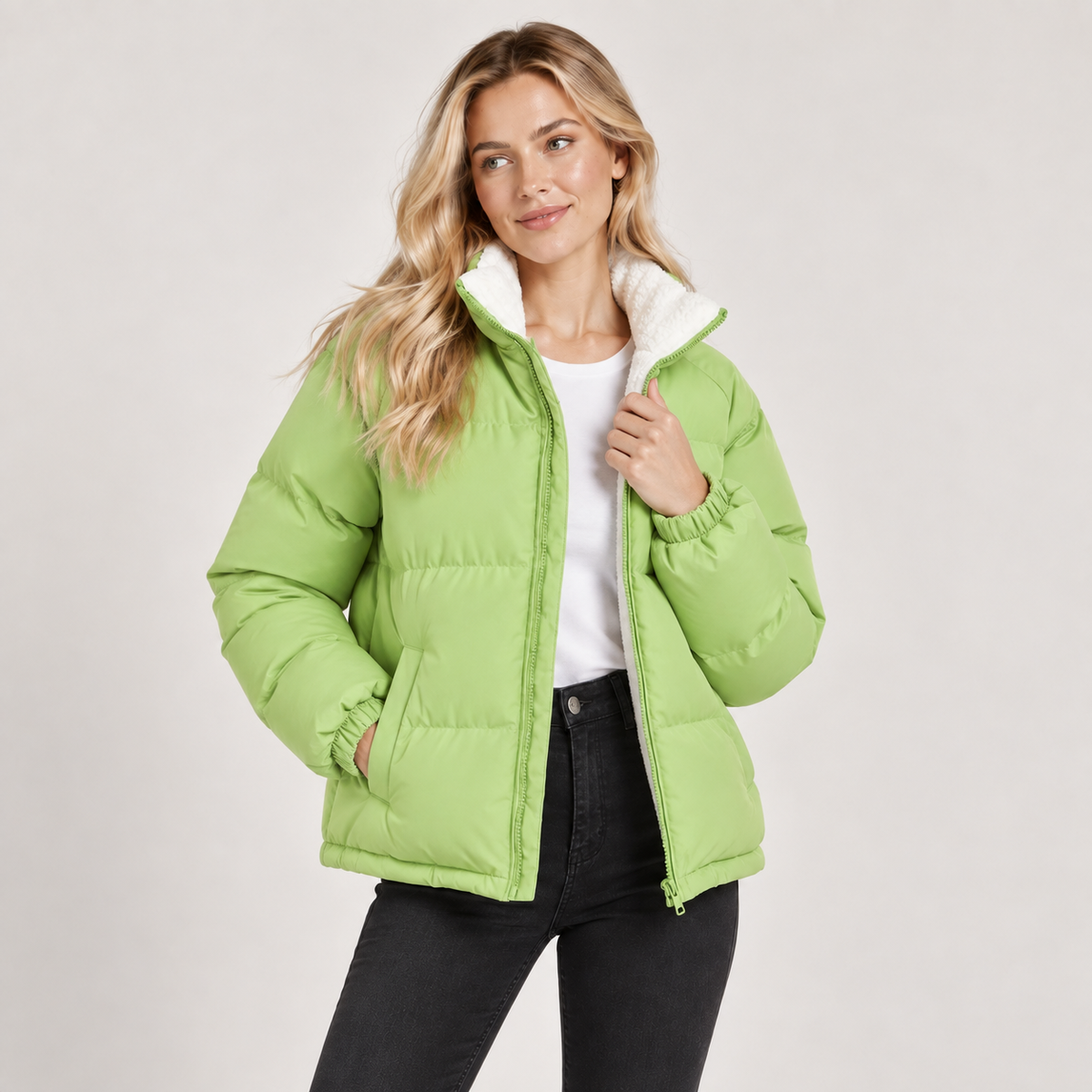 Puffer Jacket Women Quilted Fleece Lined High Neck with Zip Front 7