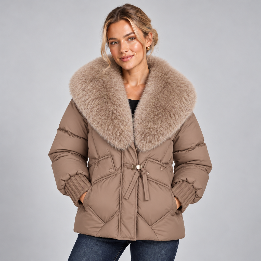 Puffer Jacket Women with Faux Fur Collar and Drawstring Waist 3