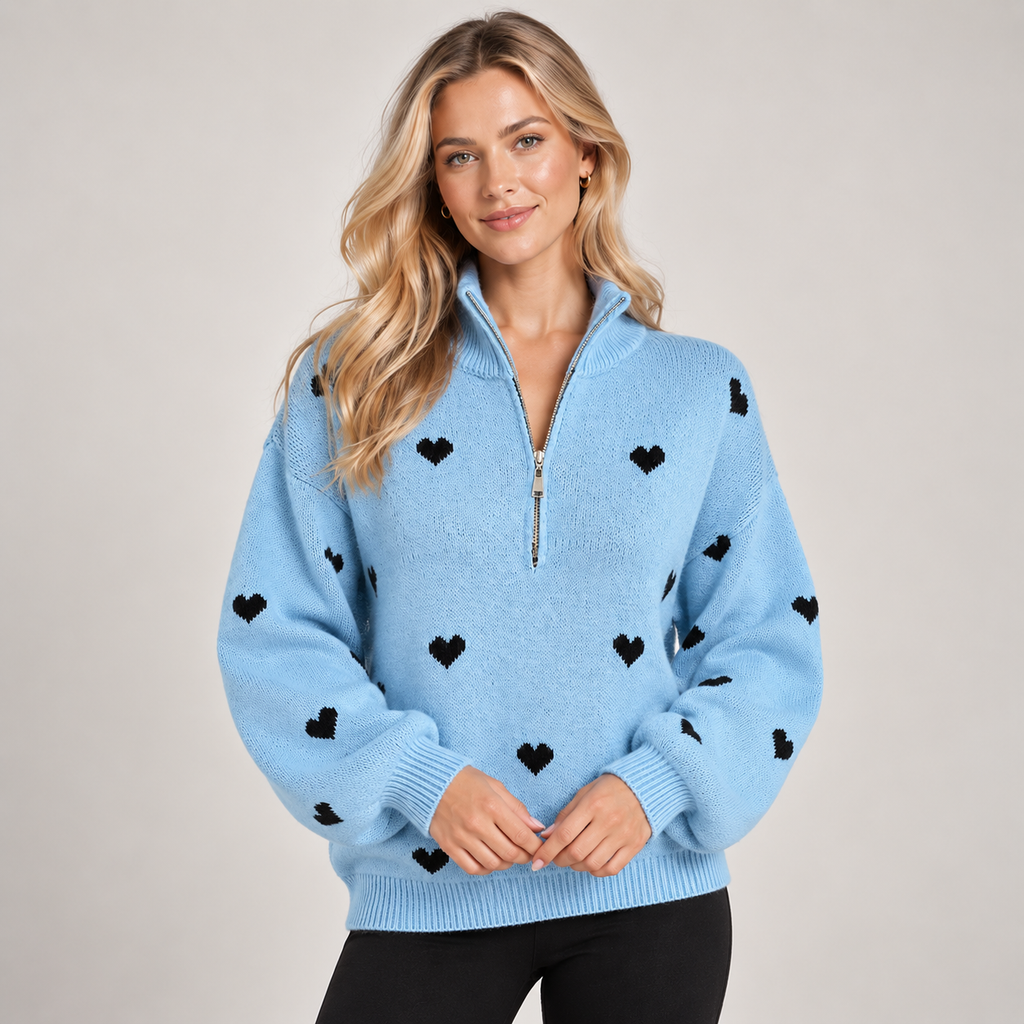 Quarter Zip Jumper Women Heart Pattern Knit High Neck 0
