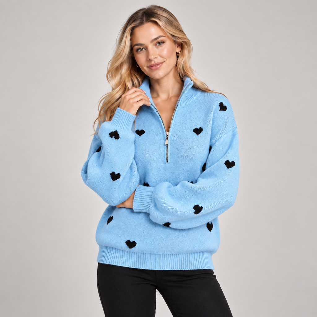 Quarter Zip Jumper Women Heart Pattern Knit High Neck 1