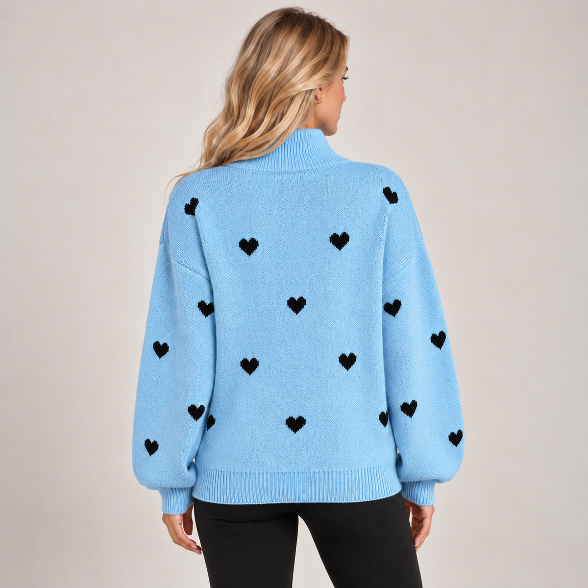 Quarter Zip Jumper Women Heart Pattern Knit High Neck 3