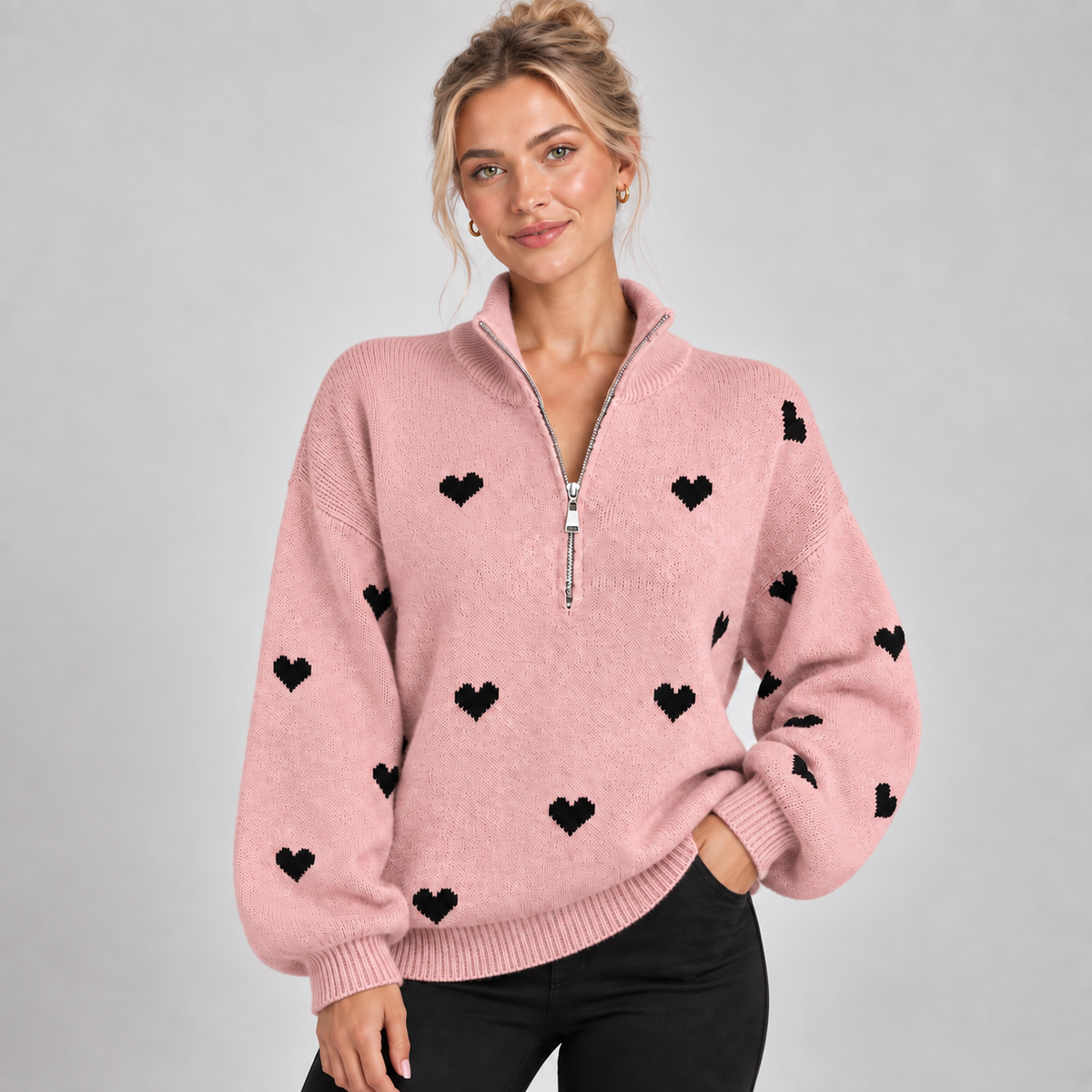 Quarter Zip Jumper Women Heart Pattern Knit High Neck 5
