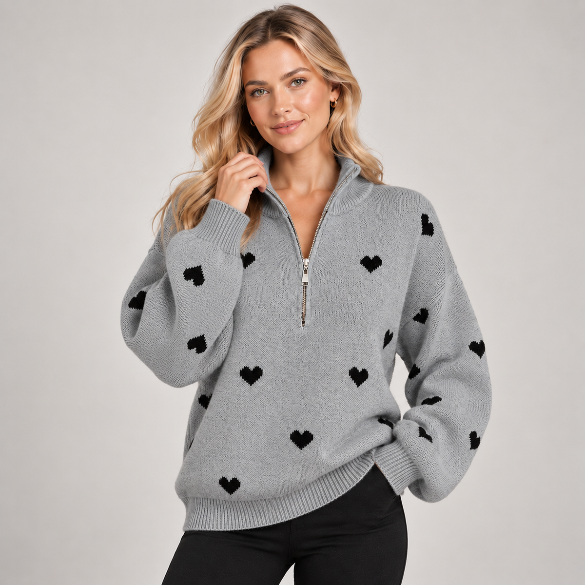 Quarter Zip Jumper Women Heart Pattern Knit High Neck 7