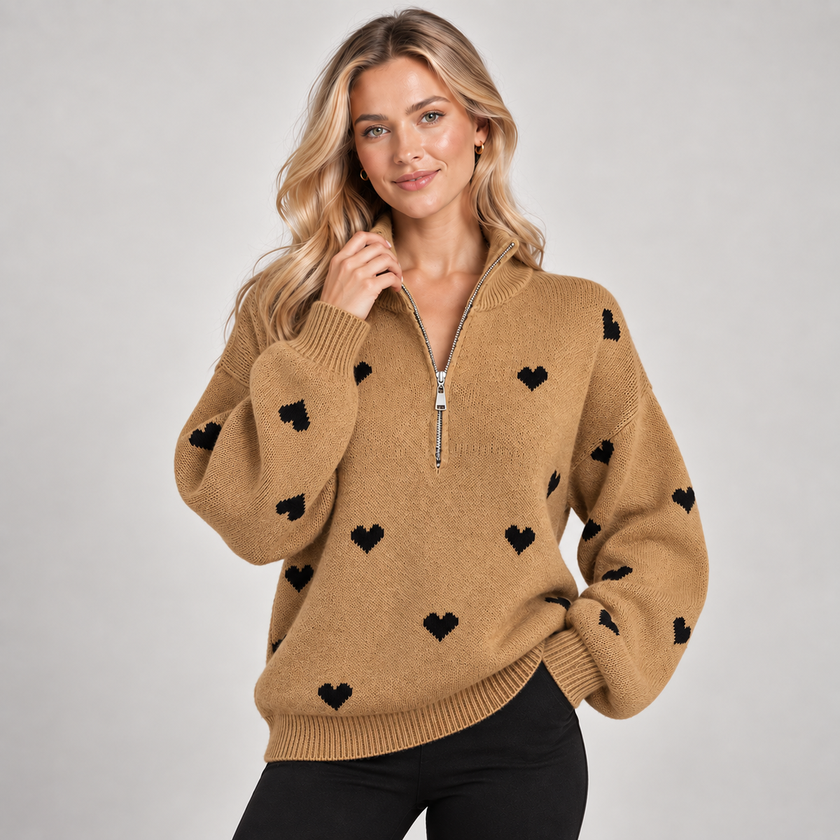 Quarter Zip Jumper Women Heart Pattern Knit High Neck 8