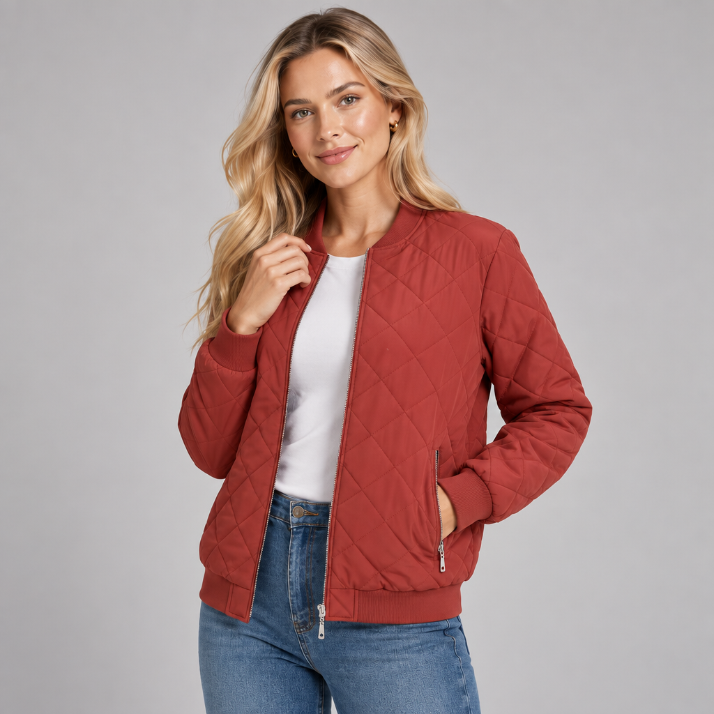 Quilted Bomber Jacket for Women Lightweight Padded Zip Up with Pockets 1