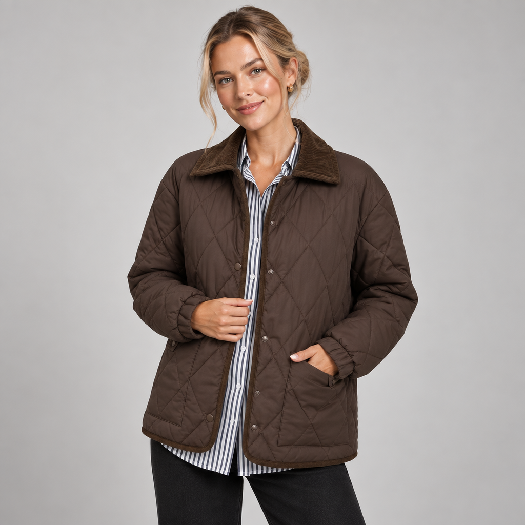 Quilted Jacket Women Diamond Stitch Corduroy Collar Relaxed Fit 0
