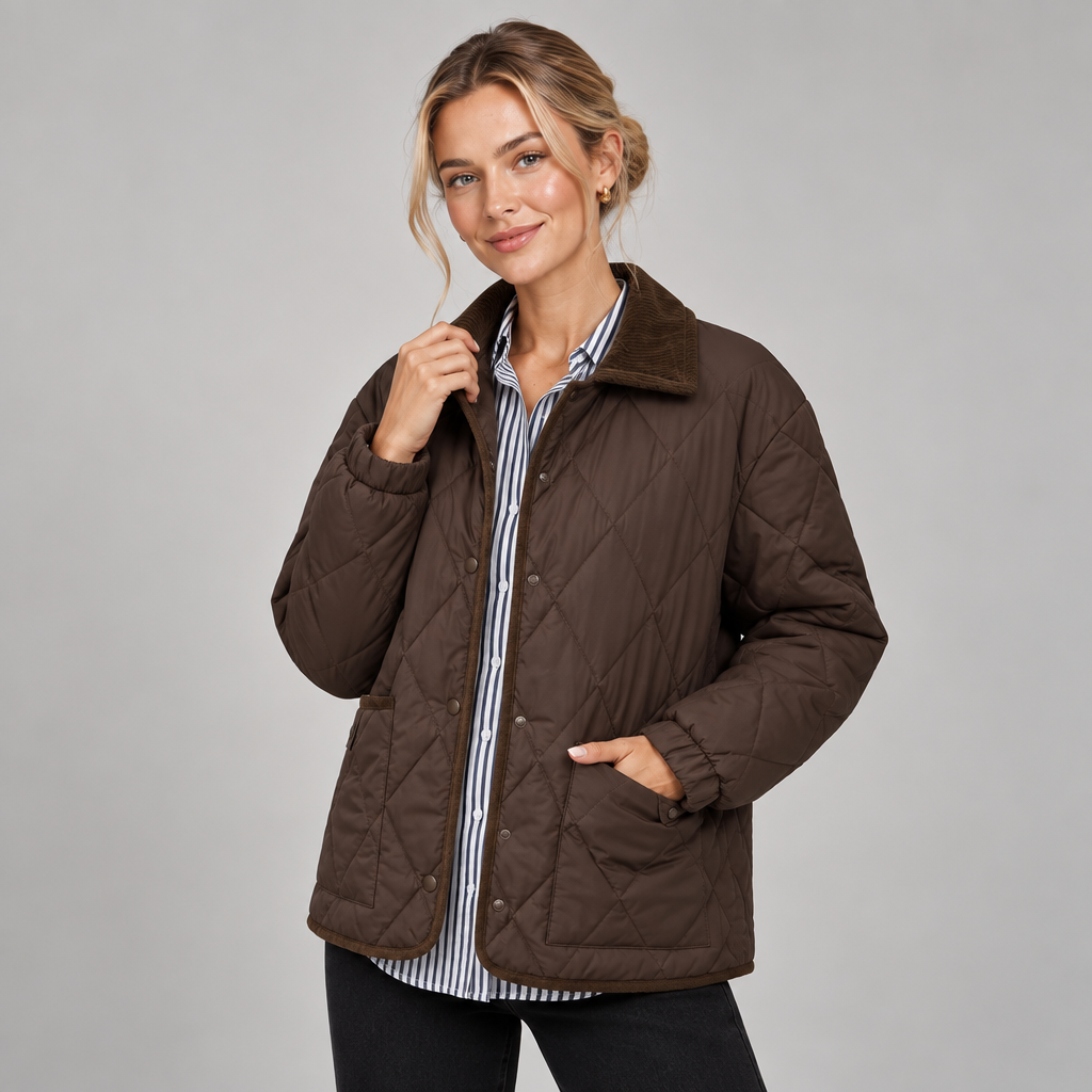Quilted Jacket Women Diamond Stitch Corduroy Collar Relaxed Fit 2