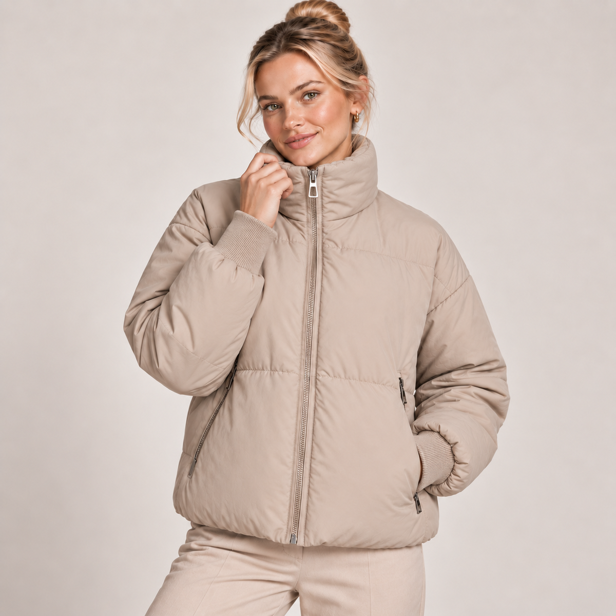 Quilted Padded Puffer Jacket Women High Neck Winter 2