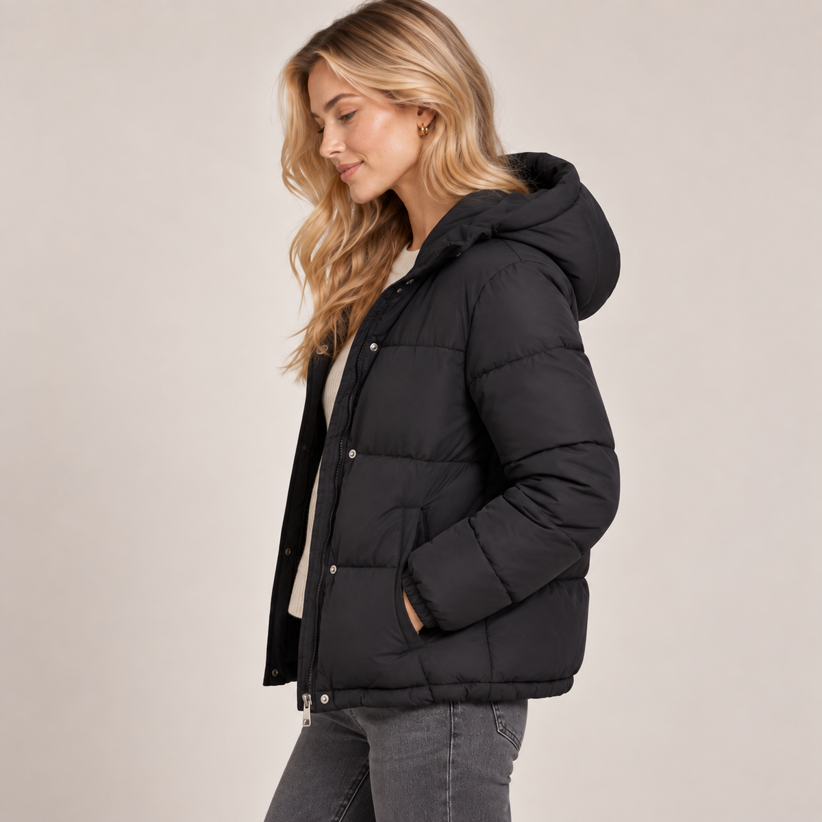 Quilted Puffer Jacket Women Zip Up Relaxed Fit Padded 1