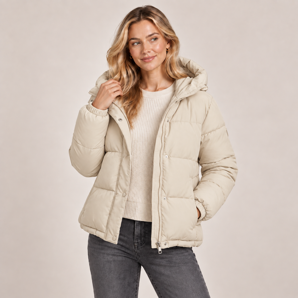 Quilted Puffer Jacket Women Zip Up Relaxed Fit Padded 3