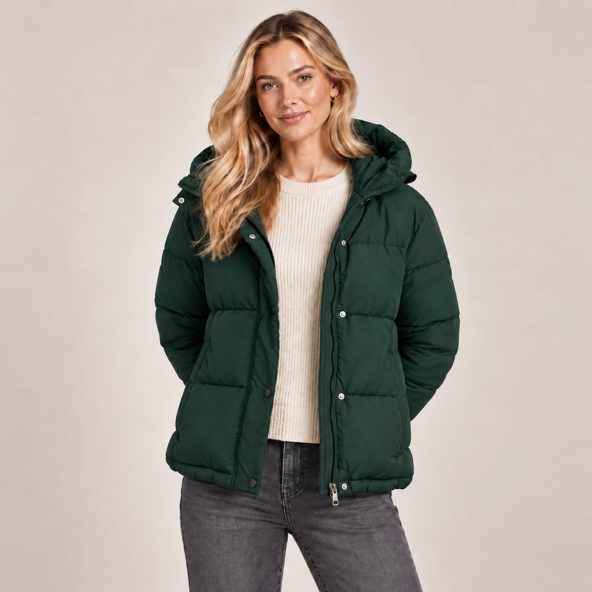 Quilted Puffer Jacket Women Zip Up Relaxed Fit Padded 4