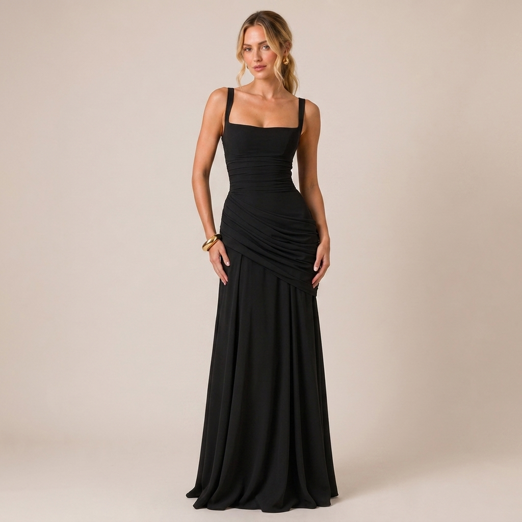 Ruched Bodice Maxi Dress with Square Neck for Wedding Guests 0