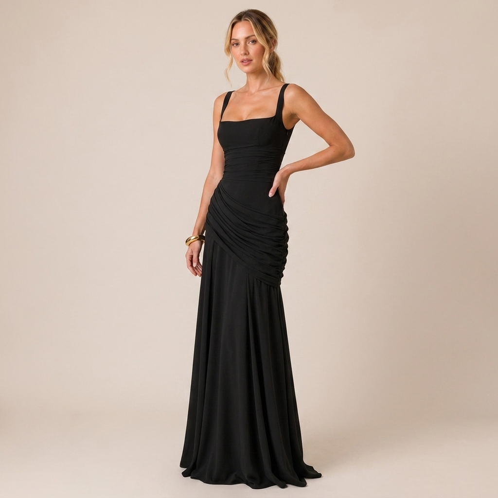 Ruched Bodice Maxi Dress with Square Neck for Wedding Guests 1