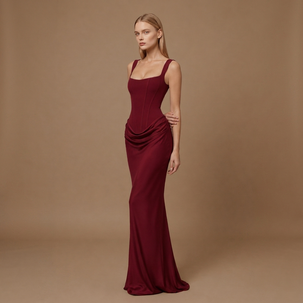 Satin Corset Maxi Dress with Lace-Up Back and Square Neck 14