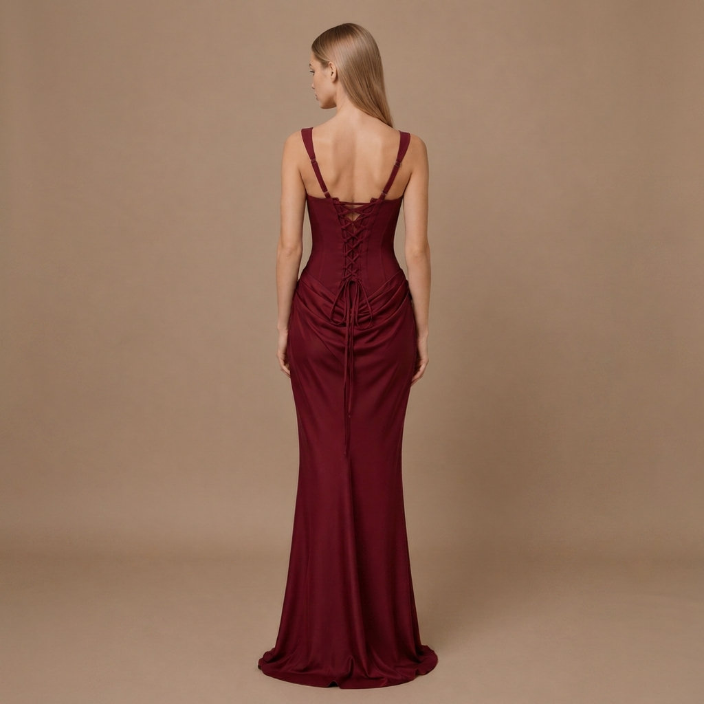 Satin Corset Maxi Dress with Lace-Up Back and Square Neck 15