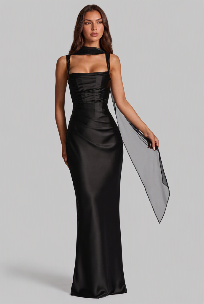 Satin Maxi Dress with Ruched Waist and Corset Back 0