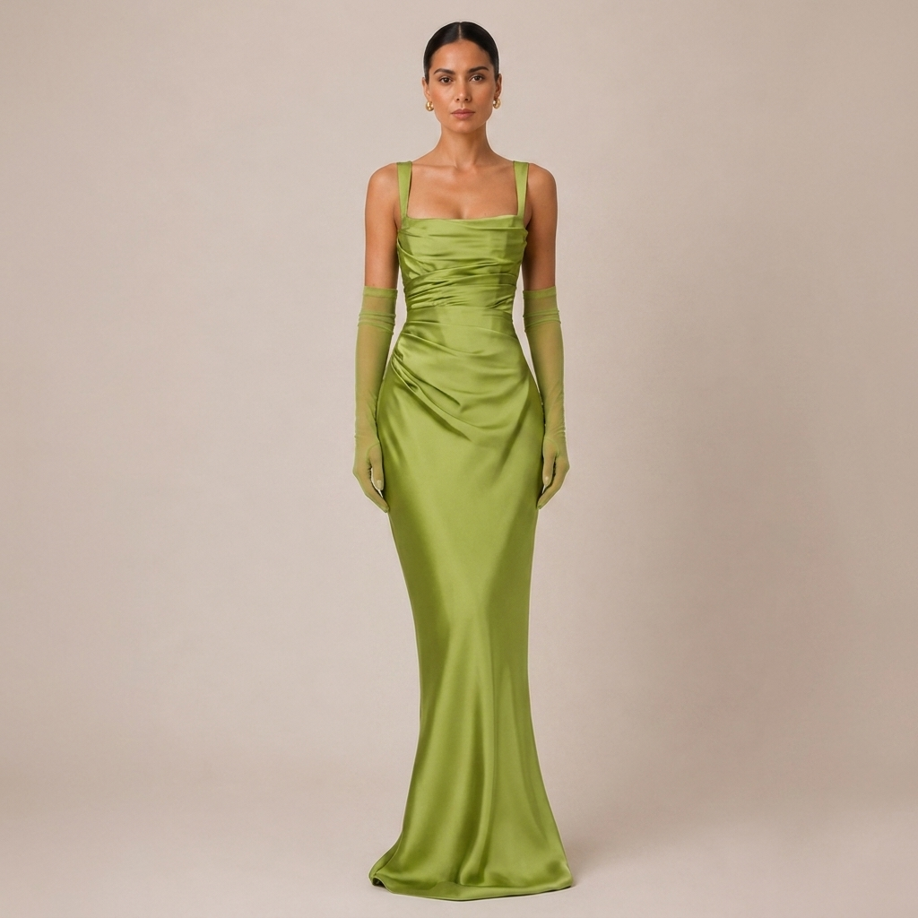 Satin Maxi Dress with Ruched Waist and Corset Back 1