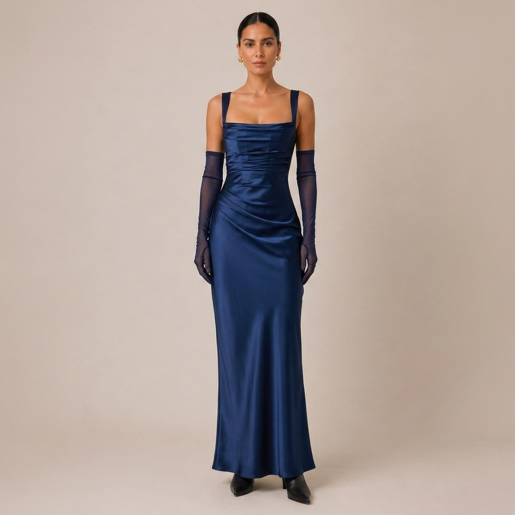Satin Maxi Dress with Ruched Waist and Corset Back 3