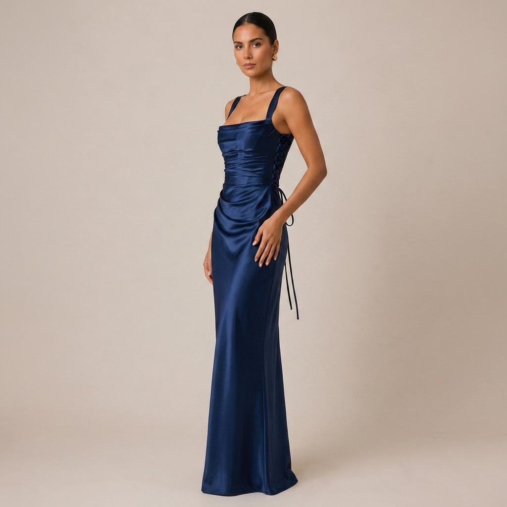 Satin Maxi Dress with Ruched Waist and Corset Back 4