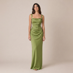 Satin Maxi Dress with Ruched Waist and Square Neck 0