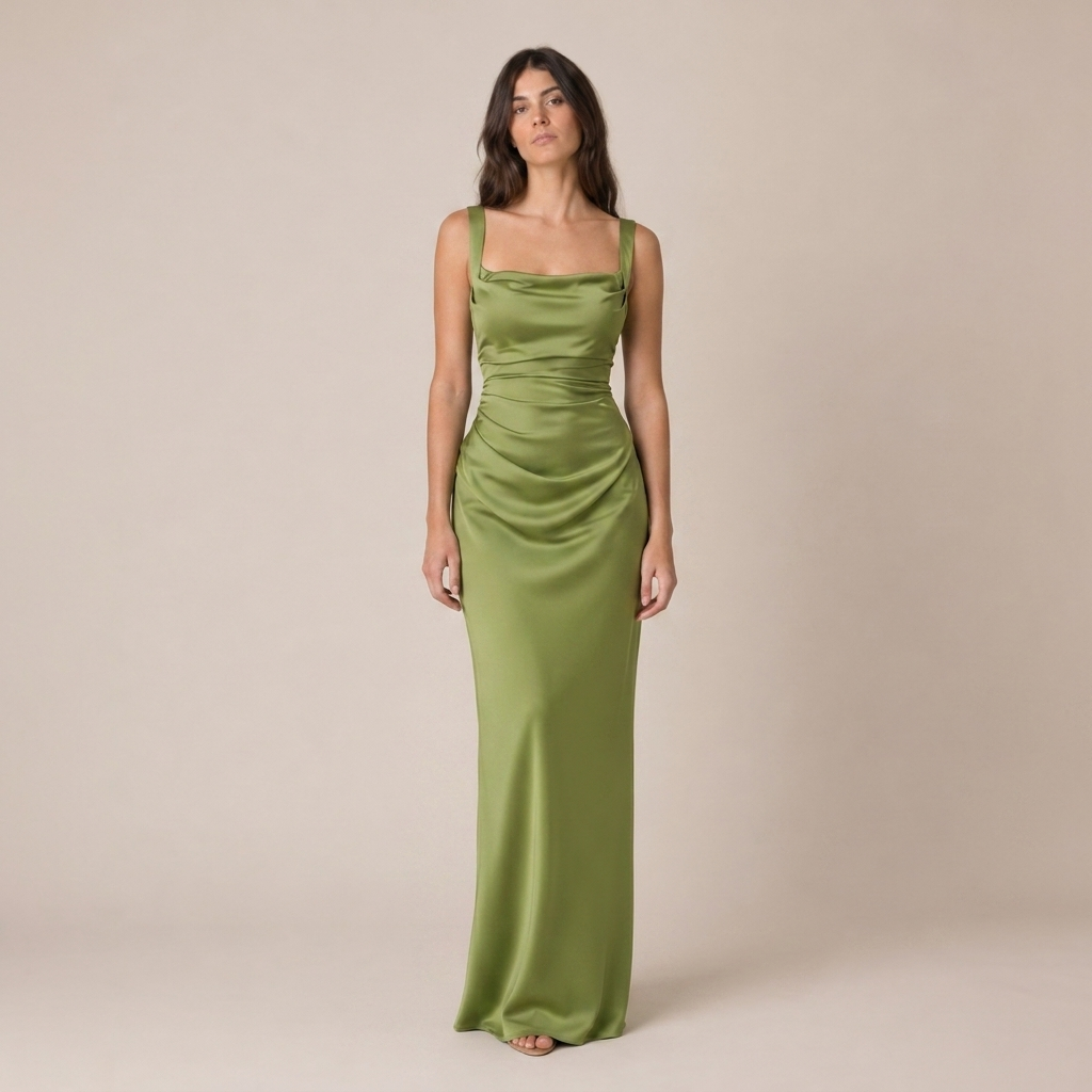 Satin Maxi Dress with Ruched Waist and Square Neck 0