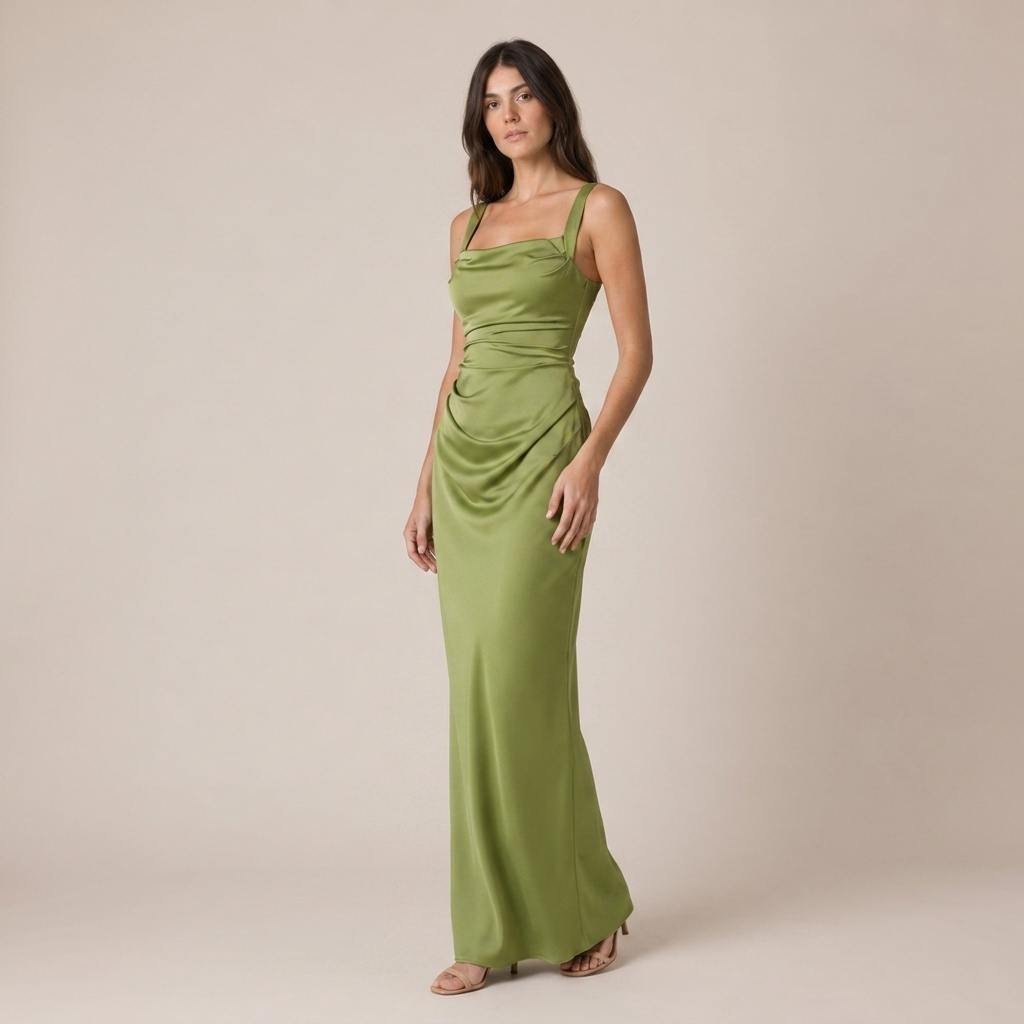 Satin Maxi Dress with Ruched Waist and Square Neck 1