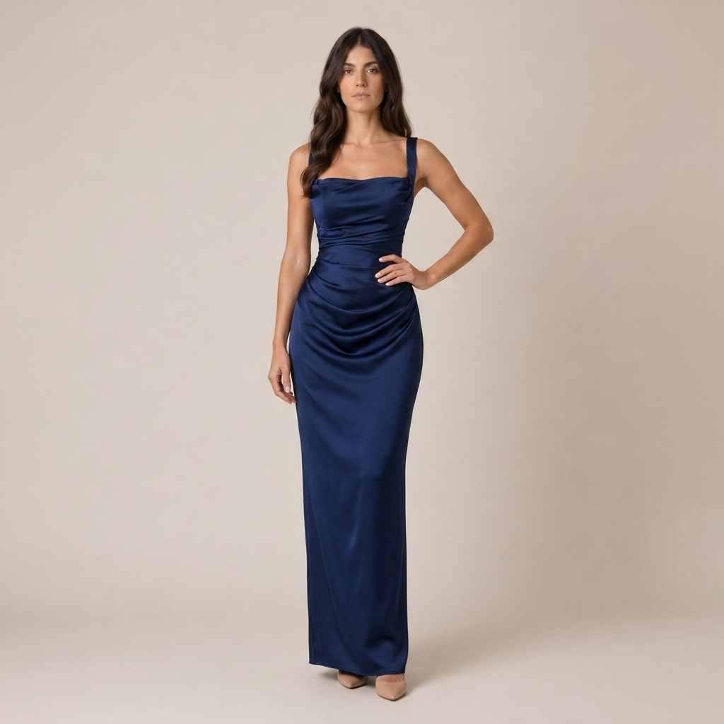 Satin Maxi Dress with Ruched Waist and Square Neck 2