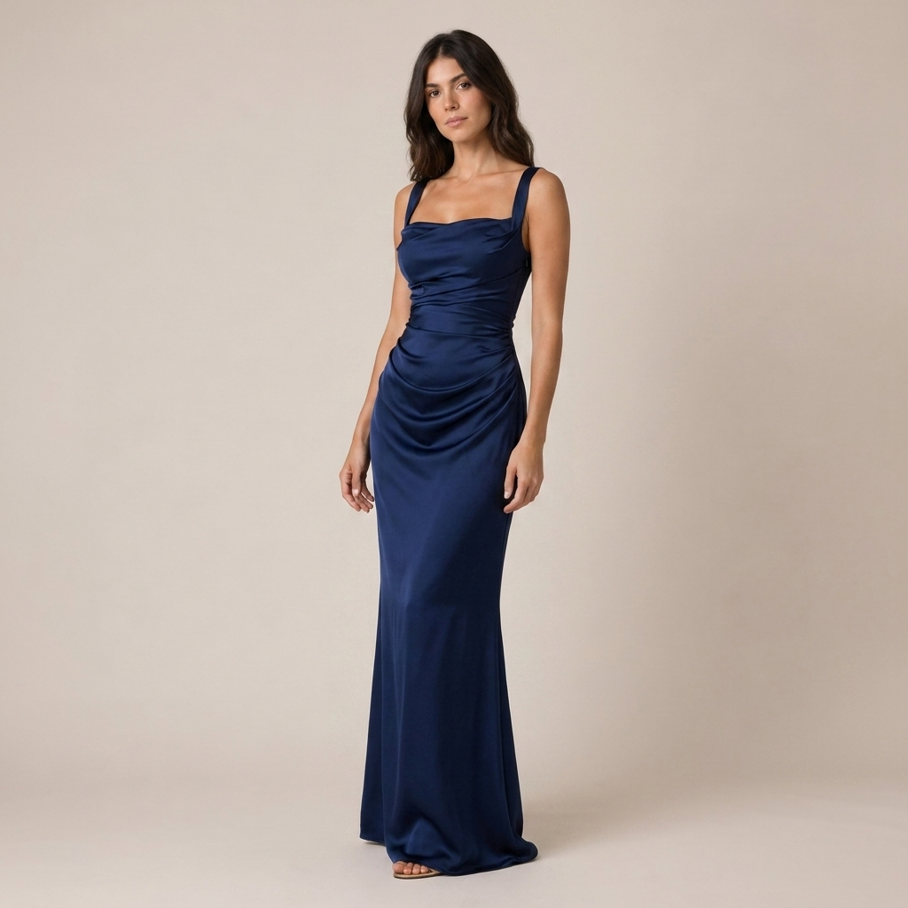 Satin Maxi Dress with Ruched Waist and Square Neck 3