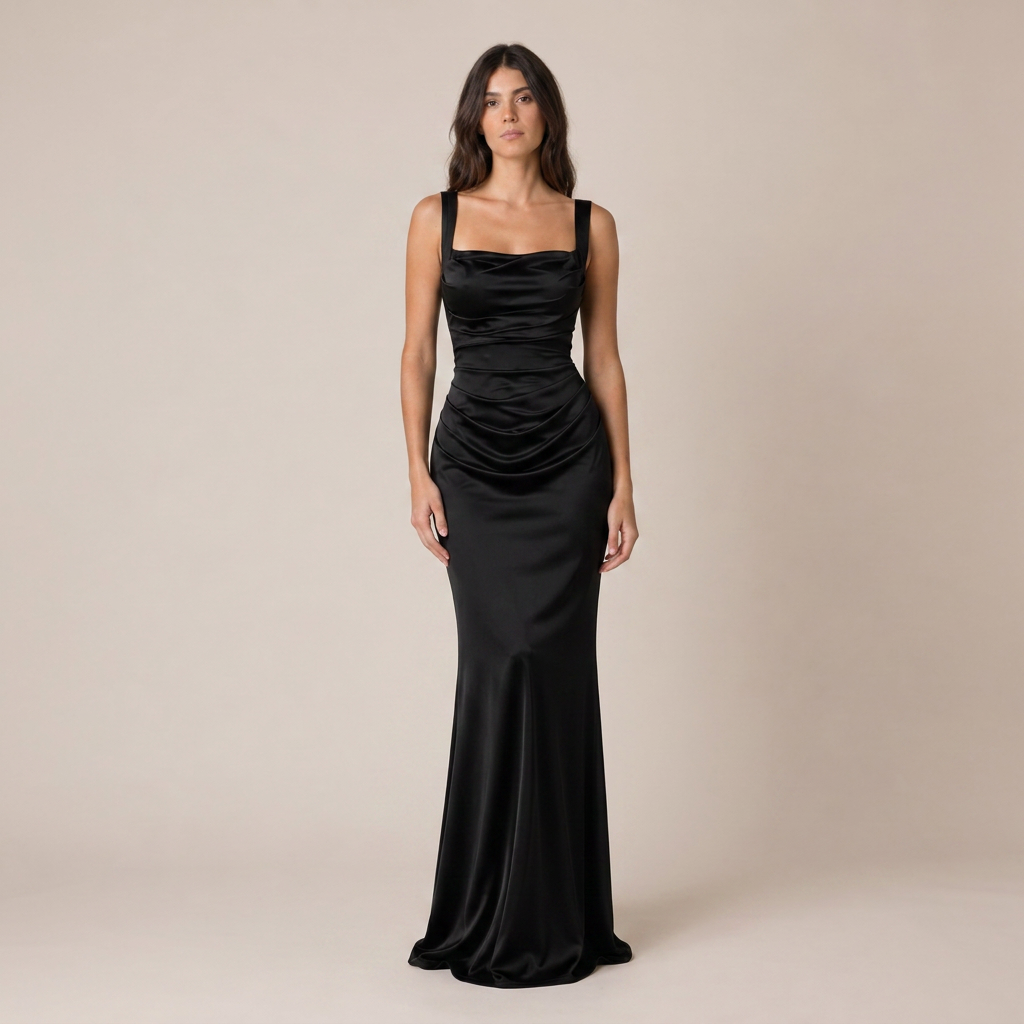 Satin Maxi Dress with Ruched Waist and Square Neck 4
