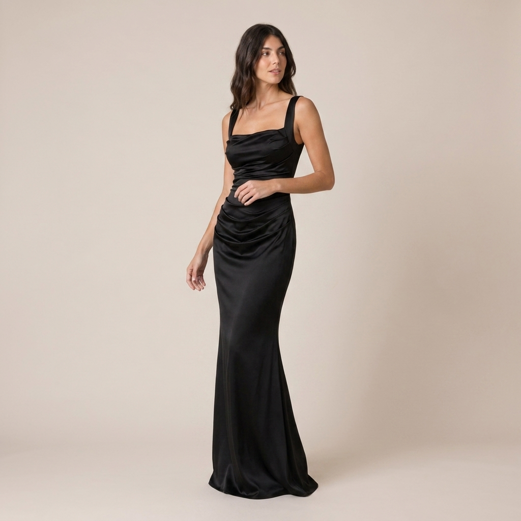 Satin Maxi Dress with Ruched Waist and Square Neck 5