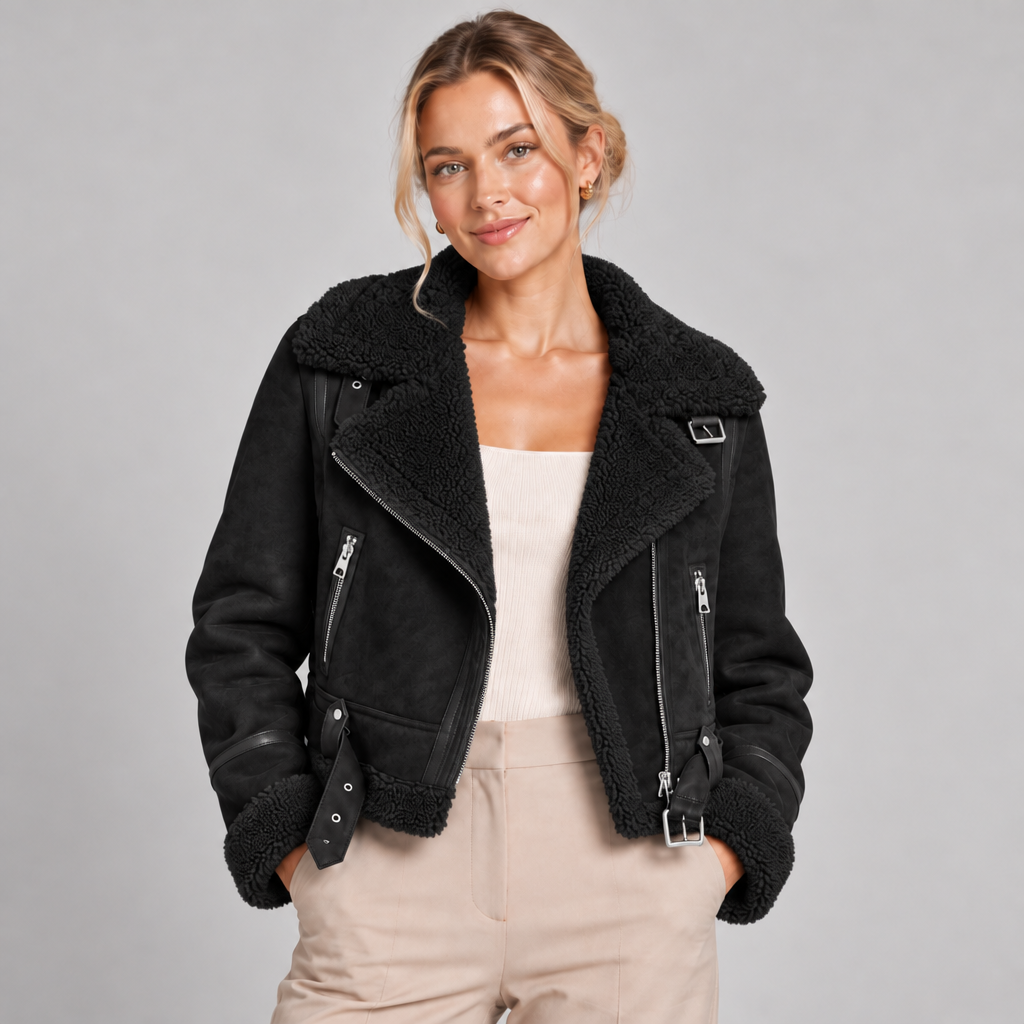 Sherpa Lined Aviator Jacket in Faux Leather with Asymmetric Zip 3