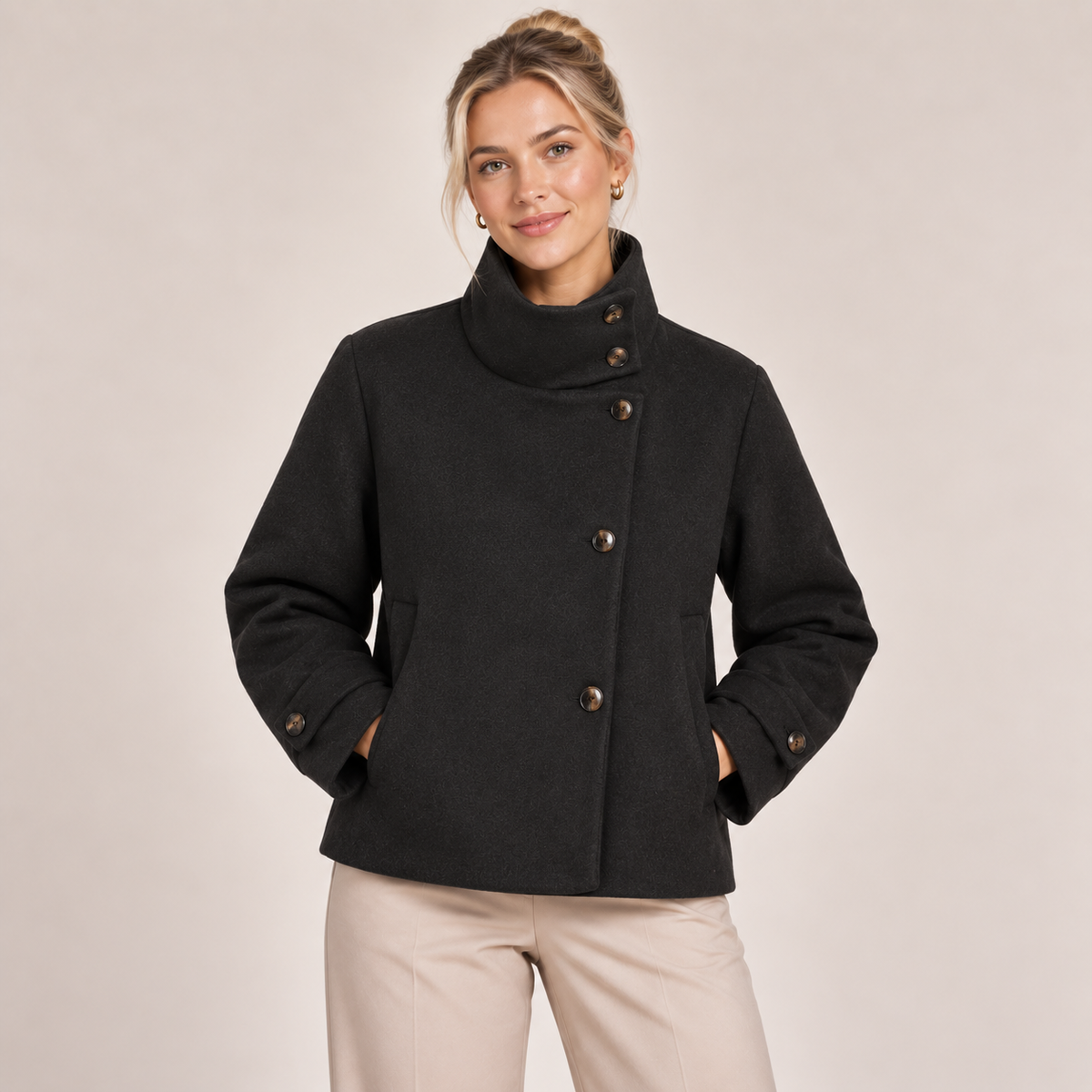Single Breasted Pea Coat with High Funnel Neck 0