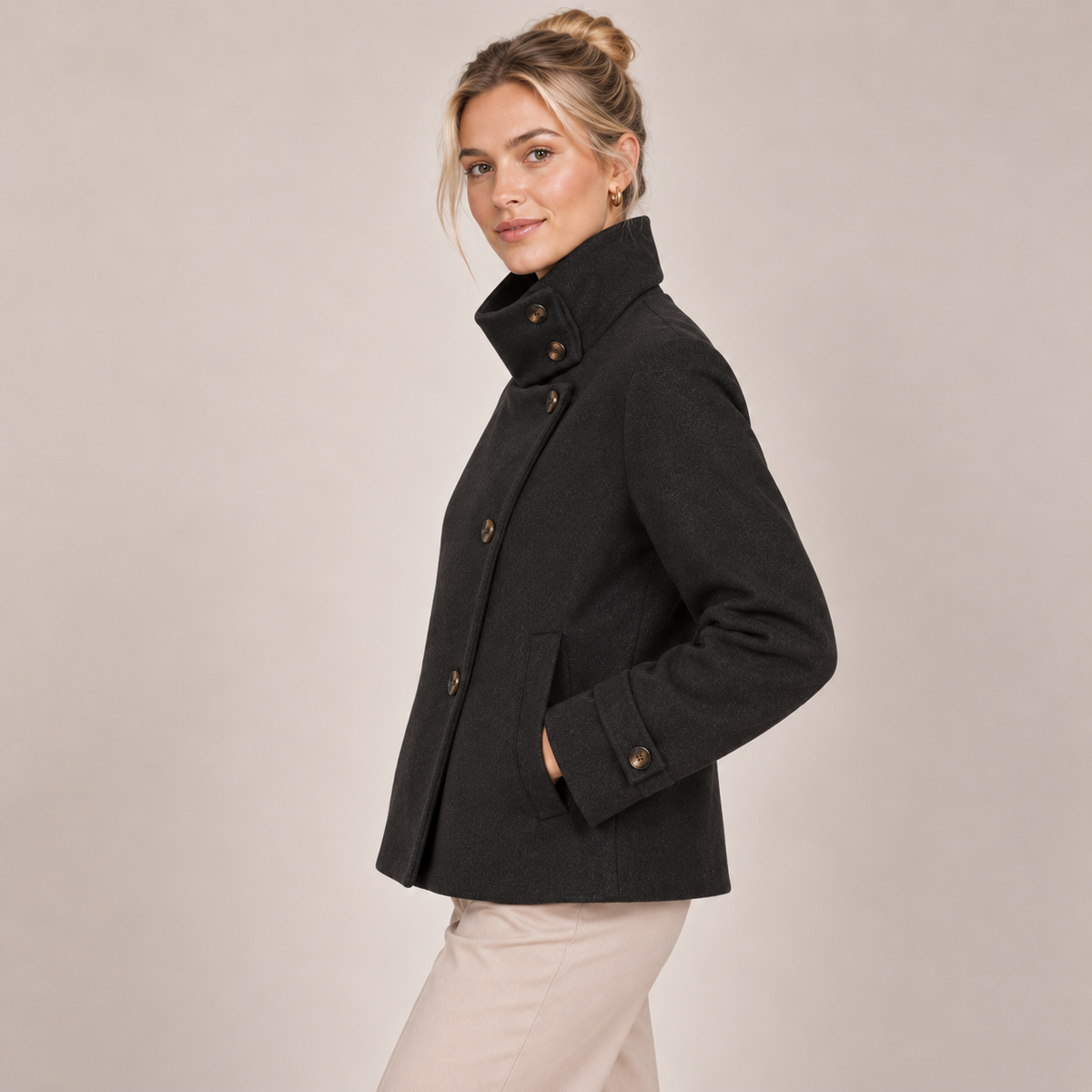 Single Breasted Pea Coat with High Funnel Neck 1