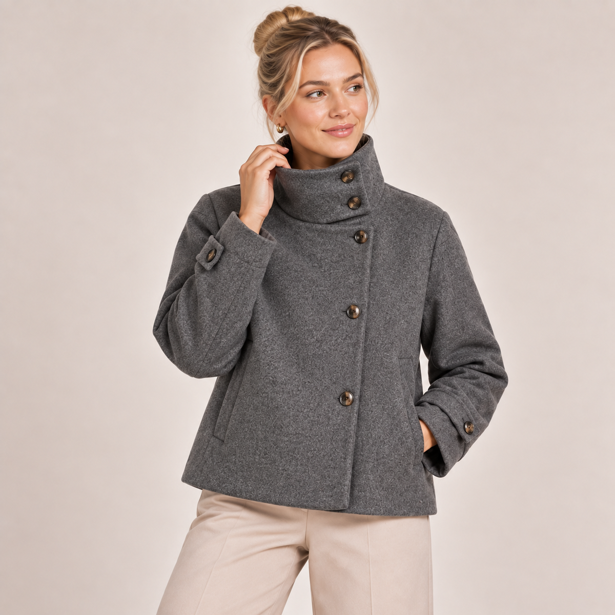 Single Breasted Pea Coat with High Funnel Neck 3