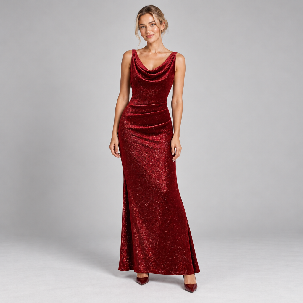 Sleeveless Sparkly Maxi Christmas Party Dress with Cowl Neck 0