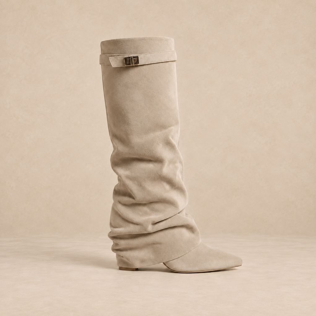 Slouchy Knee High Boots in Faux Suede with Buckle Strap 0