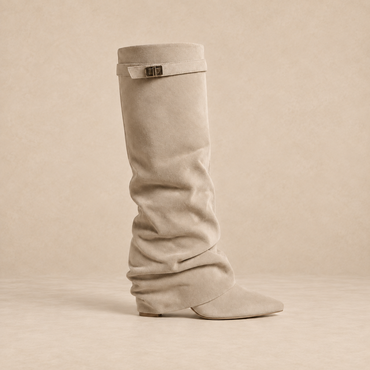 Slouchy Knee High Boots in Faux Suede with Buckle Strap 0