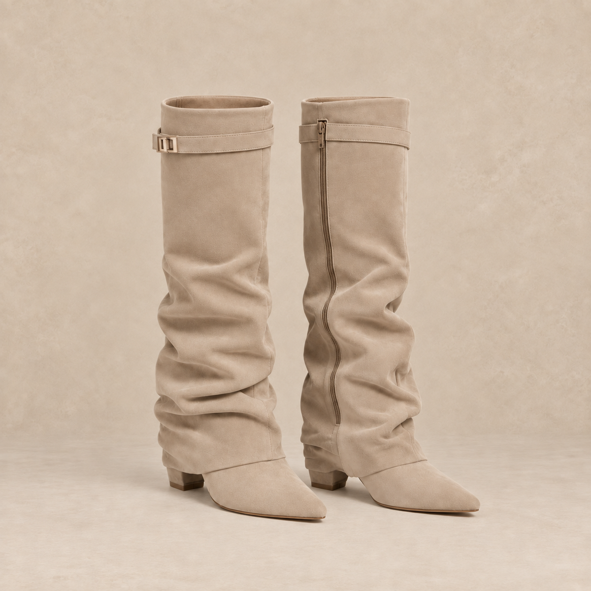 Slouchy Knee High Boots in Faux Suede with Buckle Strap 1
