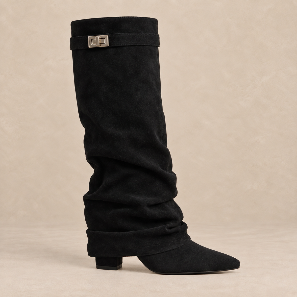 Slouchy Knee High Boots in Faux Suede with Buckle Strap 3