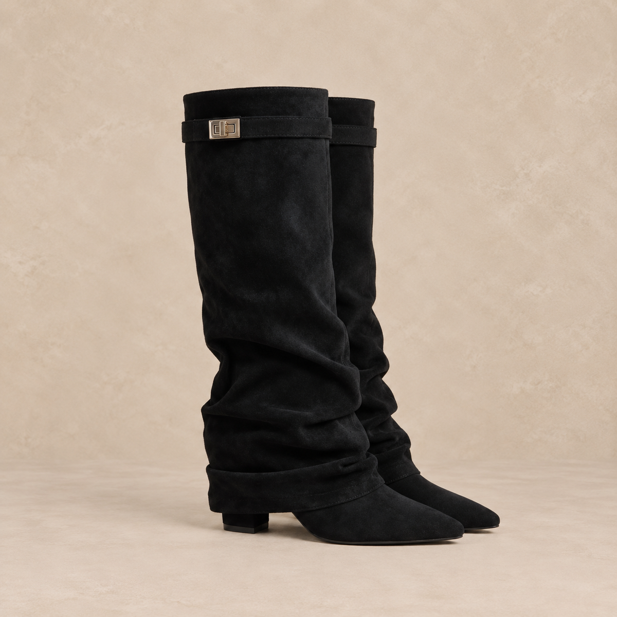 Slouchy Knee High Boots in Faux Suede with Buckle Strap 4