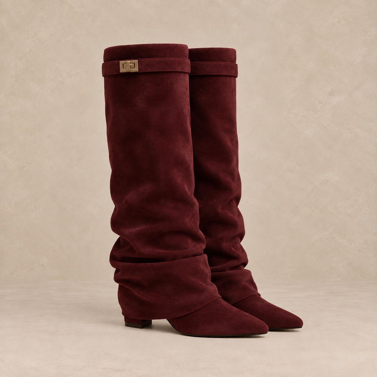 Slouchy Knee High Boots in Faux Suede with Buckle Strap 6