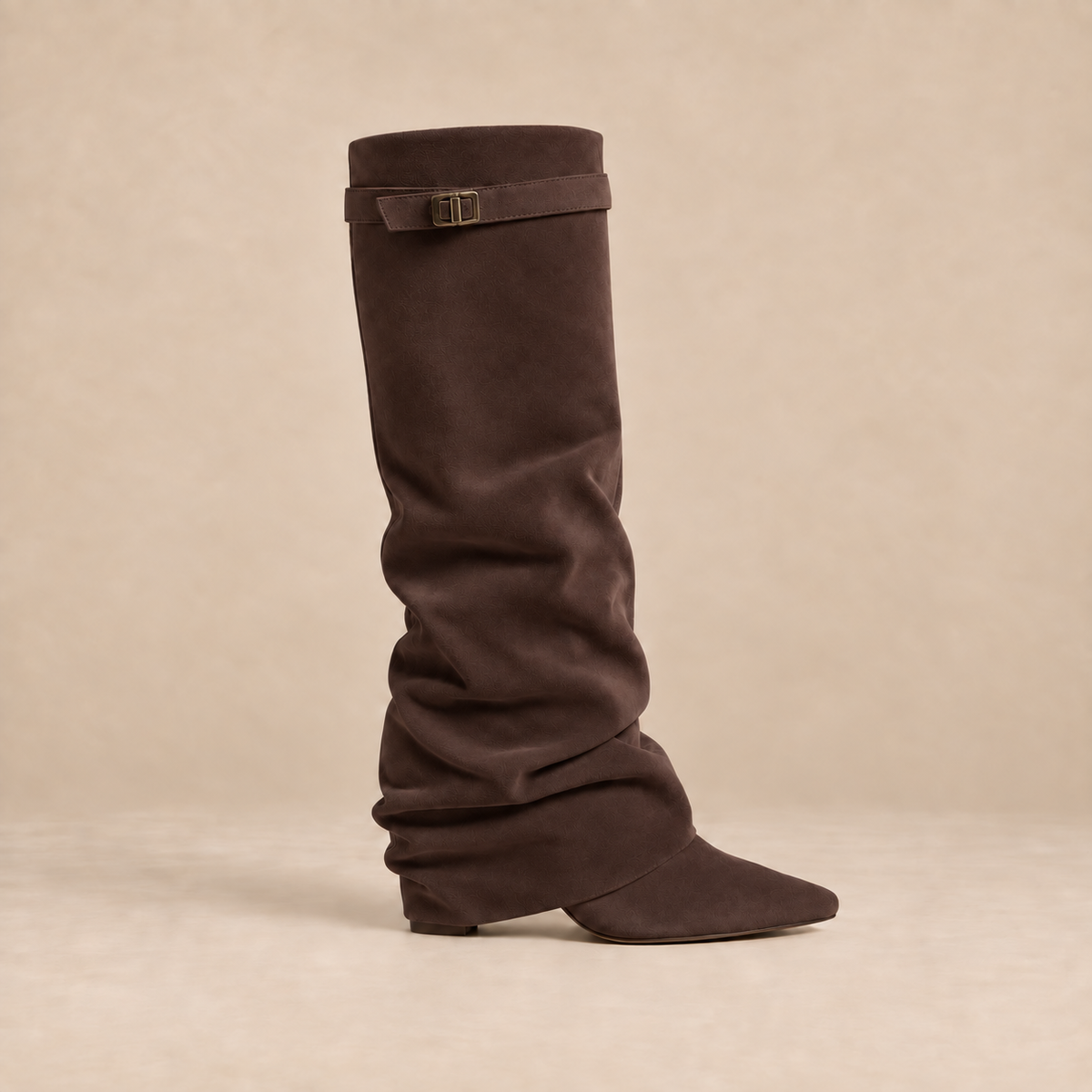 Slouchy Knee High Boots in Faux Suede with Buckle Strap 7