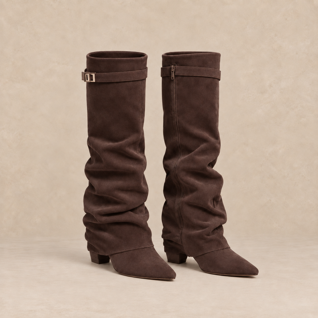 Slouchy Knee High Boots in Faux Suede with Buckle Strap 8