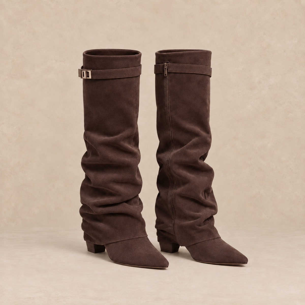 Slouchy Knee High Boots in Faux Suede with Buckle Strap 8