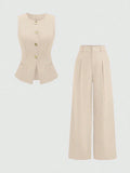 Women’s Tailored Vest and Wide-Leg Trouser Set – Elegant Two-Piece Co-Ord-Women's Two Piece Sets-Khaki-XS-Nausin
