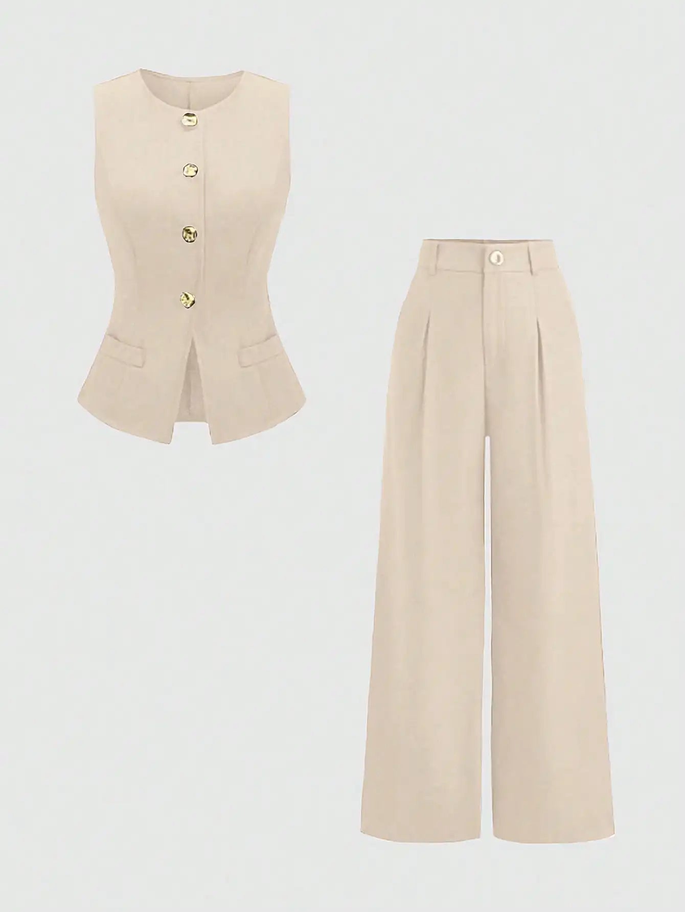 Women’s Tailored Vest and Wide-Leg Trouser Set – Elegant Two-Piece Co-Ord-Women's Two Piece Sets-Khaki-XS-Nausin
