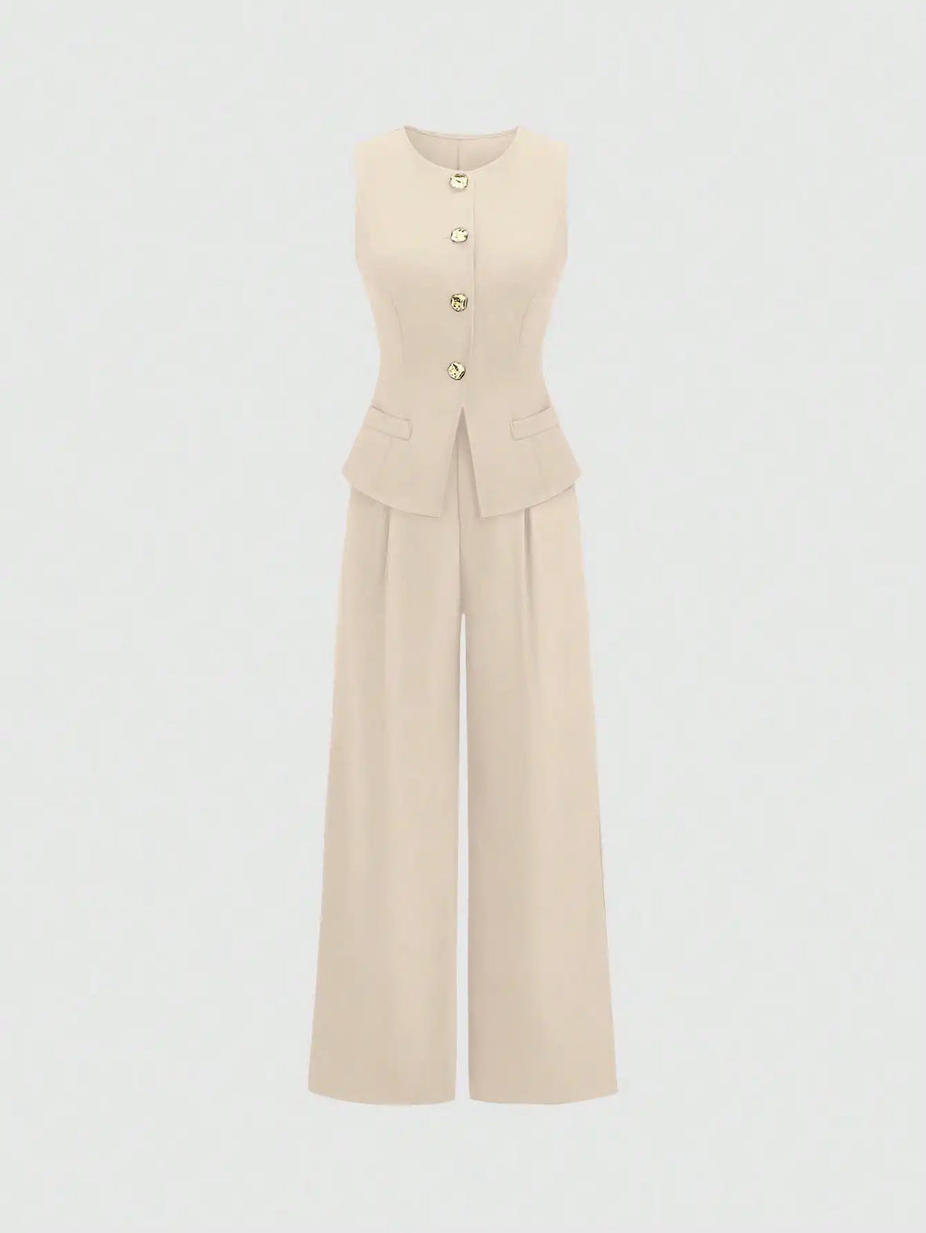 Women’s Tailored Vest and Wide-Leg Trouser Set – Elegant Two-Piece Co-Ord-Women's Two Piece Sets-Khaki-XS-Nausin