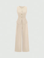 Women’s Tailored Vest and Wide-Leg Trouser Set – Elegant Two-Piece Co-Ord-Women's Two Piece Sets-Khaki-XS-Nausin