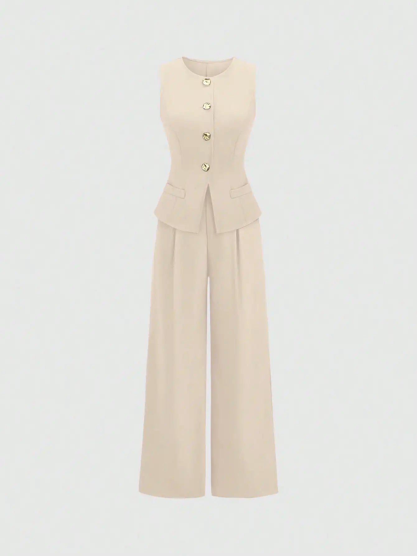 Women’s Tailored Vest and Wide-Leg Trouser Set – Elegant Two-Piece Co-Ord-Women's Two Piece Sets-Khaki-XS-Nausin